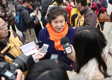 图为全国政协委员刘兰芳会前接受多家媒体采访