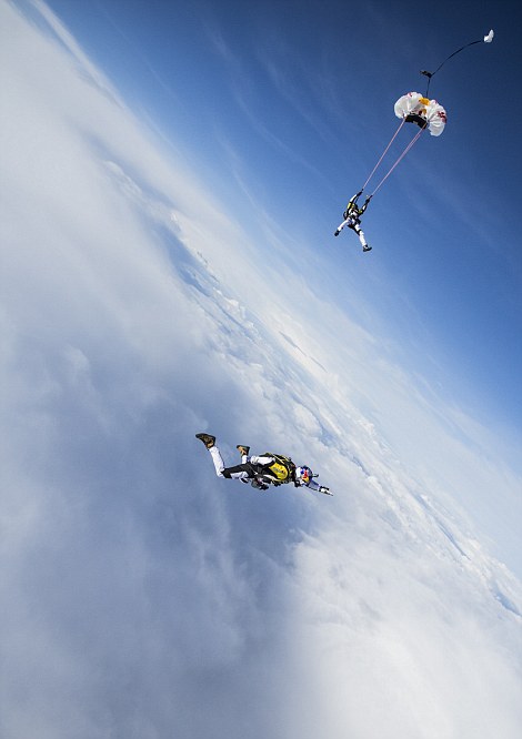 AUSTRIA - MAY 12: Fred Fugen and Vincent Reffet seen training for a jump on May 12, 2014 over Austria. Fearless skydivers jump from an altitude of 33000ft above the largest mountain in Europe. Frderic Fugen, 34, and Vincent Reffet, 29, leapt from a plane in the freezing skies above Mont-Blanc in the Alps. The jump is from such a height the pictures show the curvature of the earth. The pair from Annecy, France spent a year and a half preparing for the final jump that took place on May 31, 2014. PHOTOGRAPH BY Dominique Daher / Barcroft Media UK Office, London. T +44 845 370 2233 W www.barcroftmedia.com USA Office, New York City. T +1 212 796 2458 W www.barcroftusa.com Indian Office, Delhi. T +91 11 4053 2429 W www.barcroftindia.com